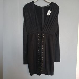 Final NWT $10 /Akira "Knit " V" Neck Knit Lower Half Lace Up Dress" Sz. L Black.